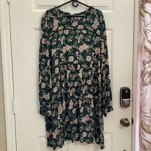 Knox Rose Green Tan Floral Boho Babydoll Tiered Dress Womens Sz XXL Peasant NWT